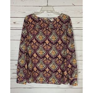 J.Crew Women's M Medium Navy Ivory Pink Paisley Long Sleeve Top Blouse Shirt